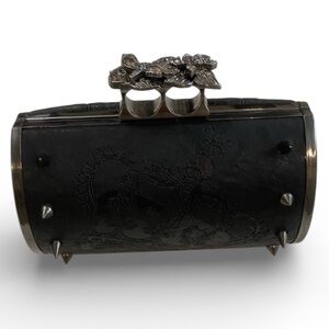 Religion Black Leather Clutch with Silver Spikes & Crossbody Chain, RARE